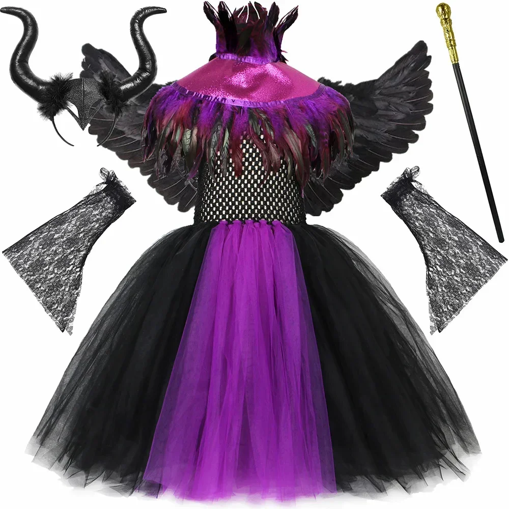 Kids Maleficent Witch Costume for Girls Purple Black Gothic Tutu Dress Feather Cape Toddler Girl Halloween Evil Queen Costumes