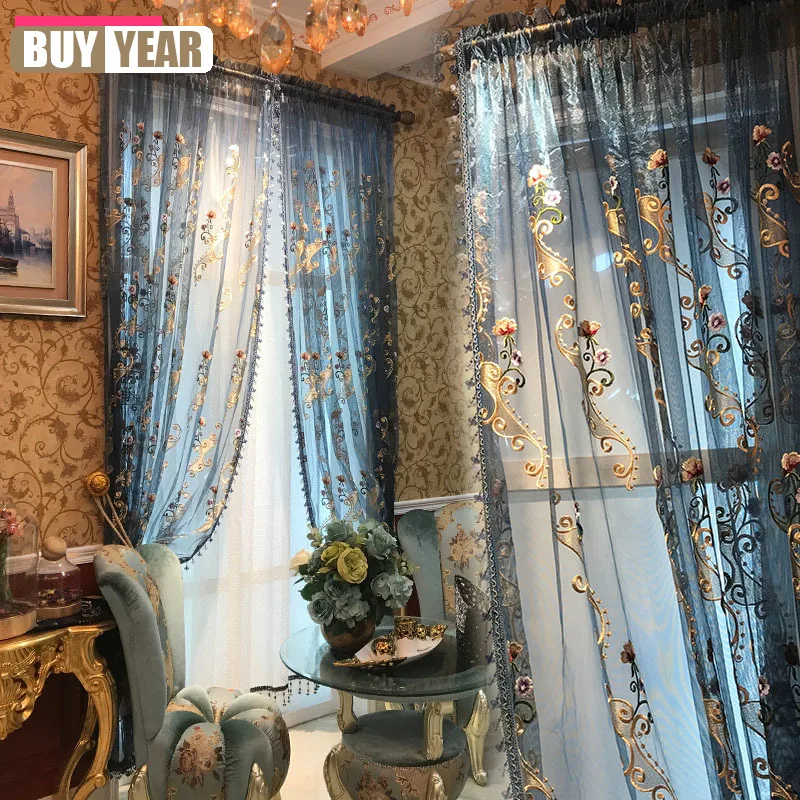

New Style Bedroom Living Room Bay Window French Gauze Curtain White Blue European Style Luxury Retro Embroidered Lace Tulle Sale