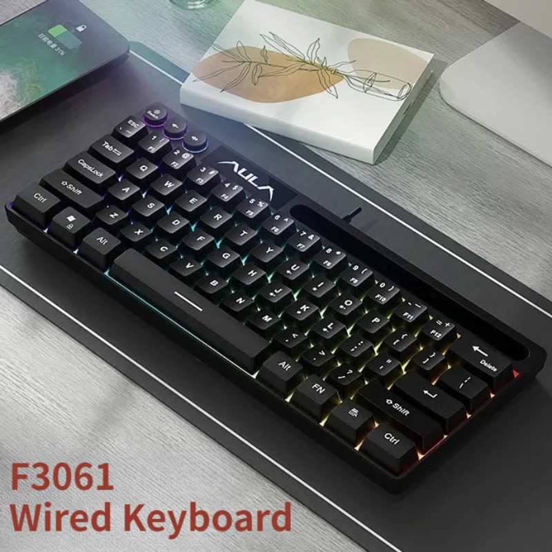 

F3061 Portable Wired Keyboard 61 Keys RGB Light Effect Multi-function Knob Smart Sleep Mode Mini Keyboard for Desktop Laptop