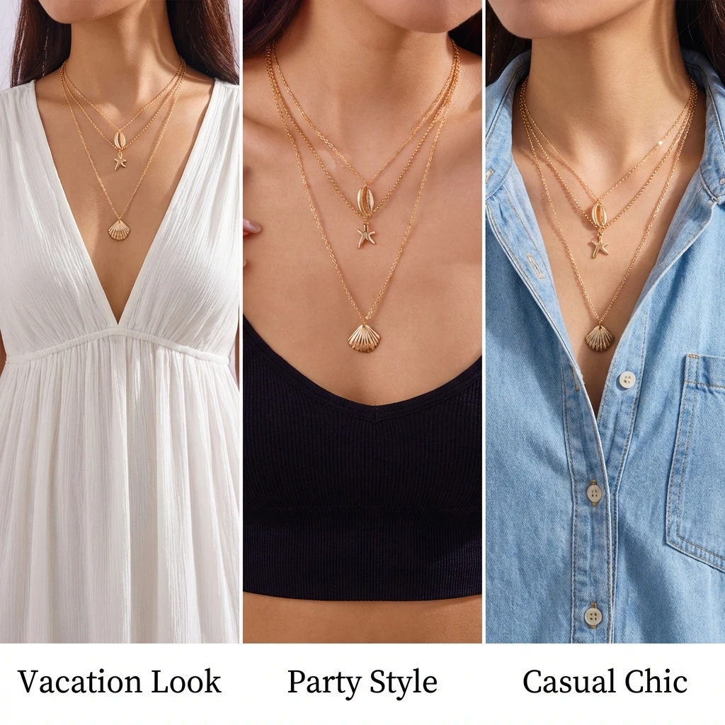 Bohemian Summer Starfish Shell Pearl Pendant Necklace for Women Trendy Gold Color Layered Chain Choker Beach Party Jewelry Gifts - view 4