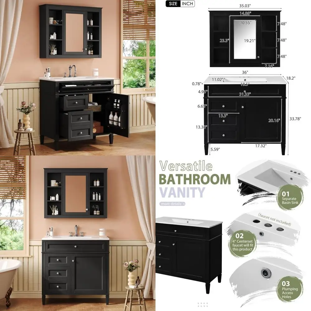 

36" contemporary single sink vanity set with mirror, 2 drawers, tip-out drawer, and medicine cabinet