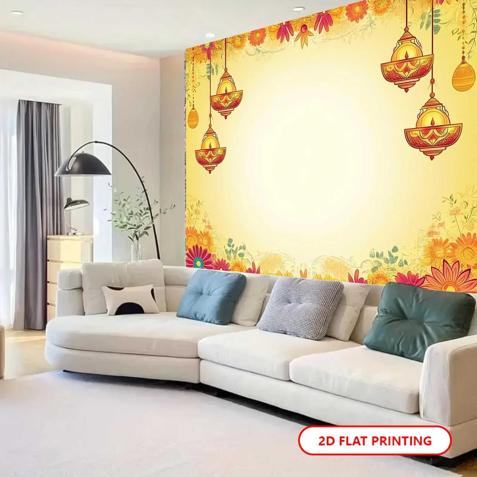 لافتة خلفية لمهرجان ديوالي 1PC2D - تصميم فانوس ونمط زهور على الطراز الهندي للحفلات، لا يتطلب كهرباء - wsj