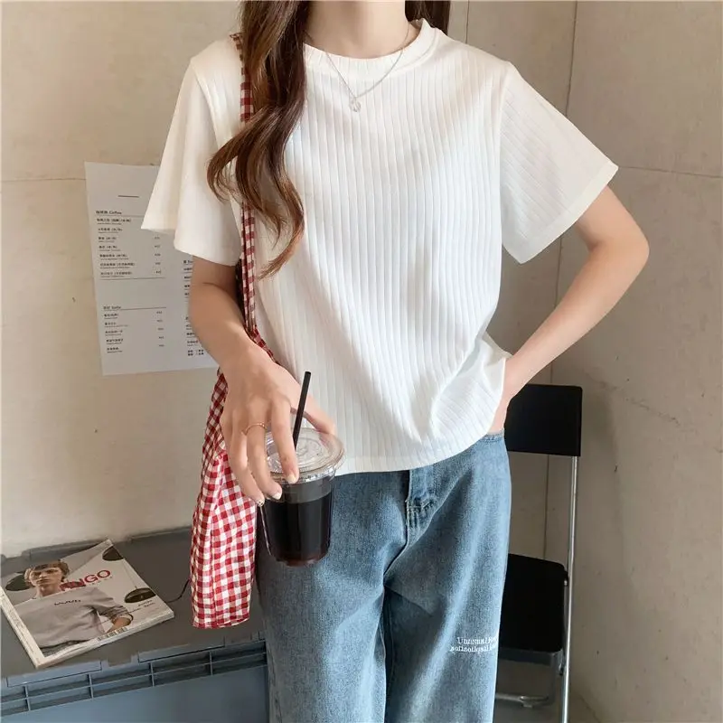 

Round Neck Fashion New Comfortable Women's Clothing White Simple Solid Color T-Shirts Summer Elegant Tops Short Sleeve