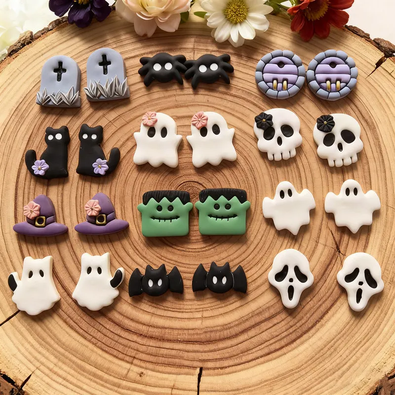 19MM Halloween Stud Polymer Clay Cutters Bat Spider Ghost Skull Ghost Earring Jewelry Pottery Clay Cutting Dangle Pendant Tools