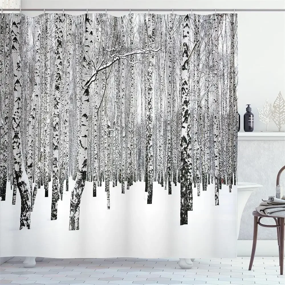 Winter Shower Curtain Forest Birch Trees Cedar Snow Scene Nature Landscape Wall Hanging Cloth Bathroom Curtains Decor With Hooks