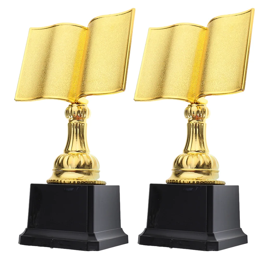 2 Pcs Reading Trophy Contest Competition Large Book Shaped Winner Trophies Gold Plastic Medal Award Recognition