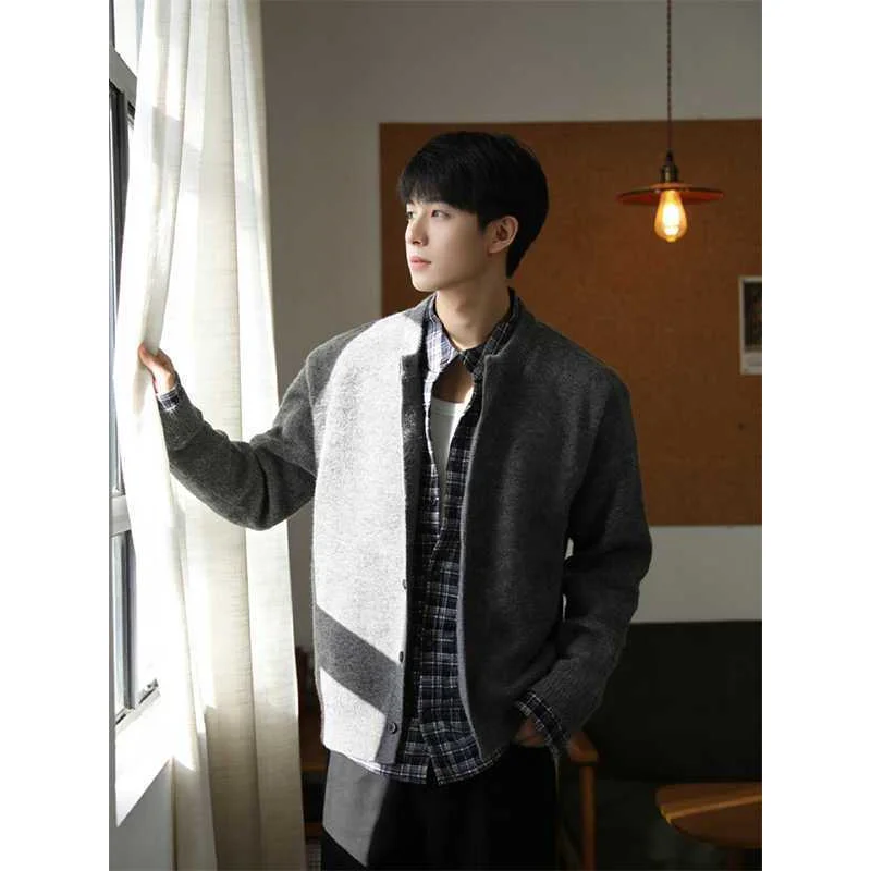 

ey Plaid Splicing Knitted Sweater Cardigan Men's Sle Korean Autumn Winter Faion Knitted Top Open Cardigan Knitwear