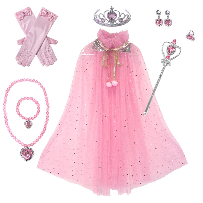 Kid Elsa Anna Cosplay Princess Cloak Halloween Carnival Girl Crown Wand Necklace Earrings Rings Gloves Set Accessories Props