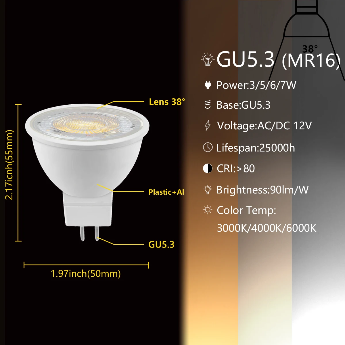 LED low voltage AC/DC12V spotlight MR16 GU5.3 Luminous Angle 38/120 degrees 3W-7W 3000K-6000K can replace 20W 50W halogen lamp