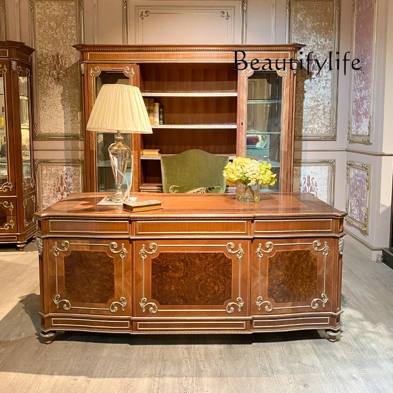 R European Classical Solid Wood Carving Flower Office Desk Boss Table, Villa Large Household Bookcase Desk