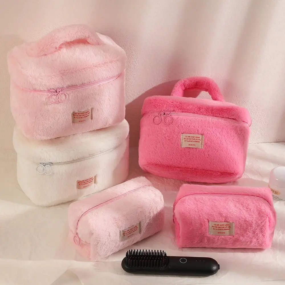 Portable Solid Color Plush Cosmetic Bag Handbag Zipper Toiletries Bag Korean Style Lager Capacity Makeup Bags Travel