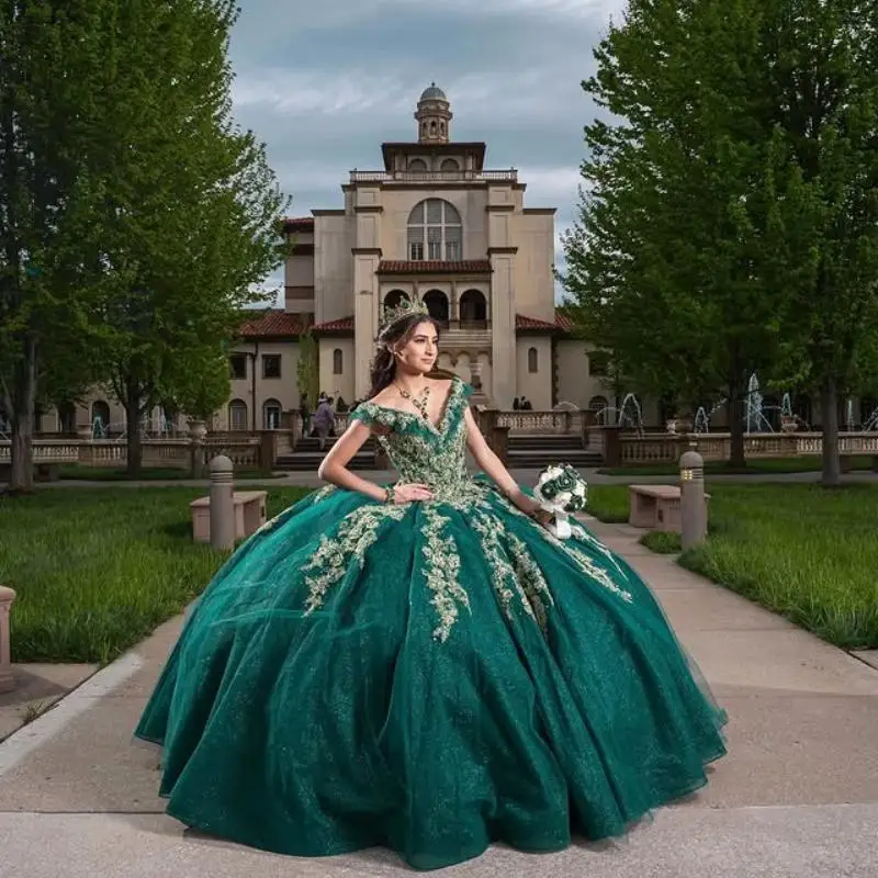 Черновато-зеленое платье Quinceanera с открытыми плечами и v-образным вырезом по индивидуальному заказу, тюлевое кружево с 3D цветами, платья de 15, Quinceanera ﻿