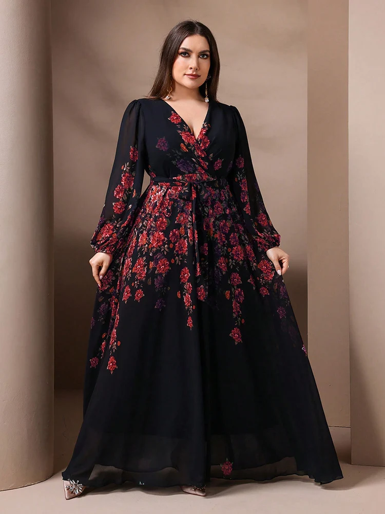 TOLEEN-Robe à manches longues à col en V à imprimé floral pour femmes, grande taille, printemps, été, décontracté, élégant, fête formelle, robes