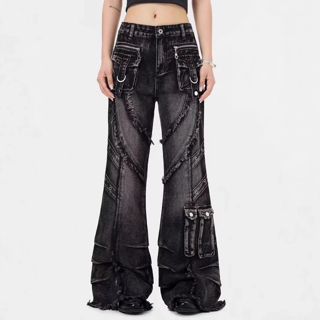 

American High Street Retro Heavy Duty Washed Distressed Frayed Jeans For Men And Women Trendy Flared Pants