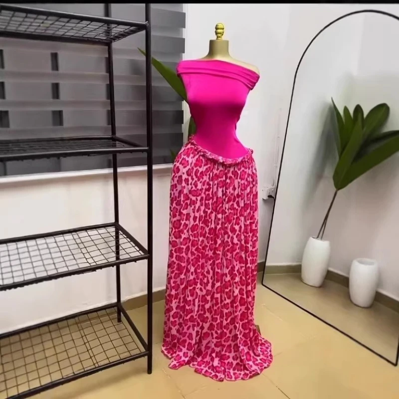 

Women's Leopard Patchwork Off Shoulder Wrap Neck A-line Maxi Dress 2026 Spring Trendy Vacation Education Long Dresses Vestidos