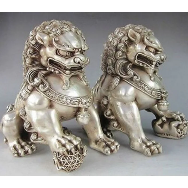 12*12cm Chinese Silver Guardian Lion Foo Fu Dog Statue