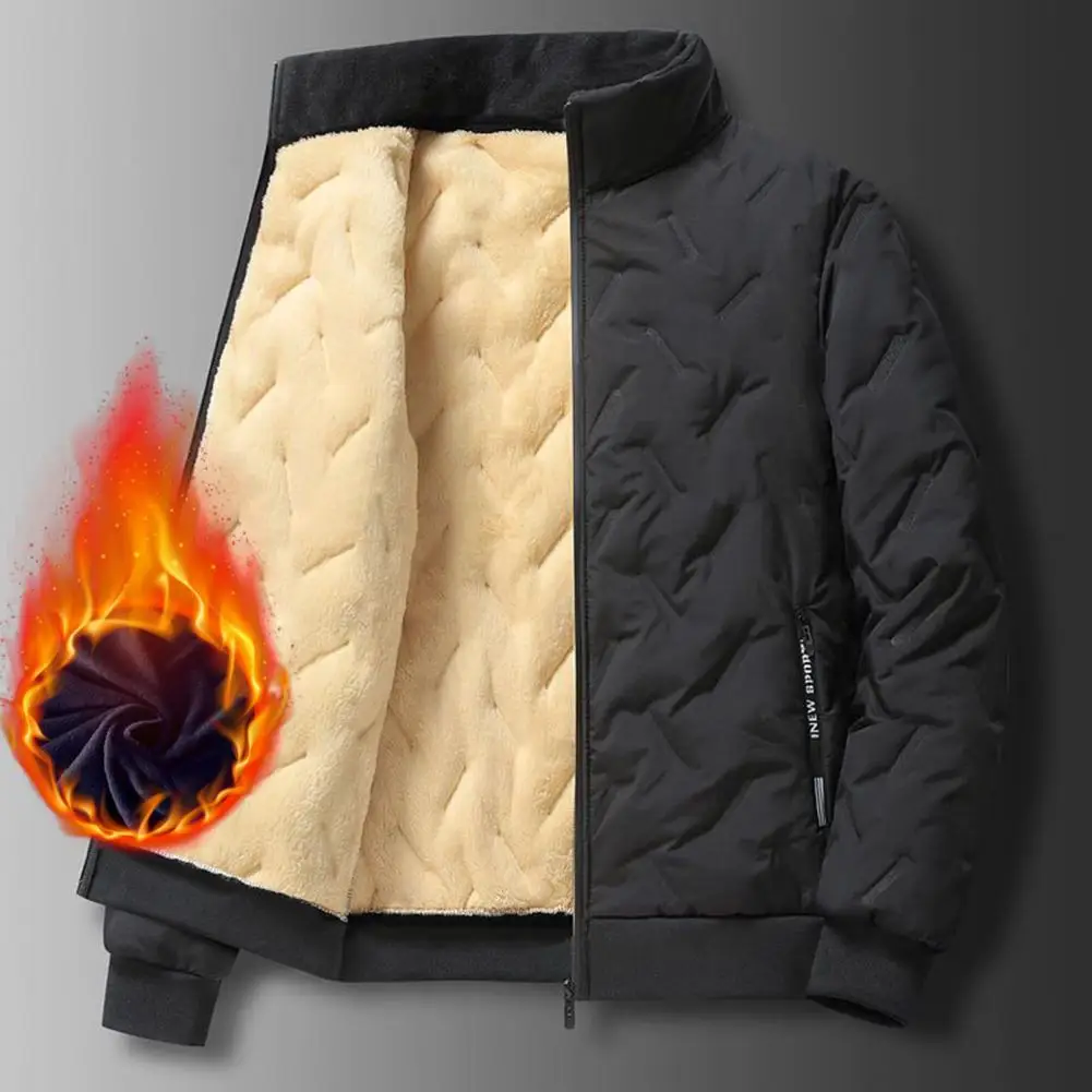 Chaqueta cálida de invierno para hombre, abrigo con solapa de líneas en relieve, bolsillos con cremallera, dobladillo elástico, forro de felpa, estilo cálido en relieve