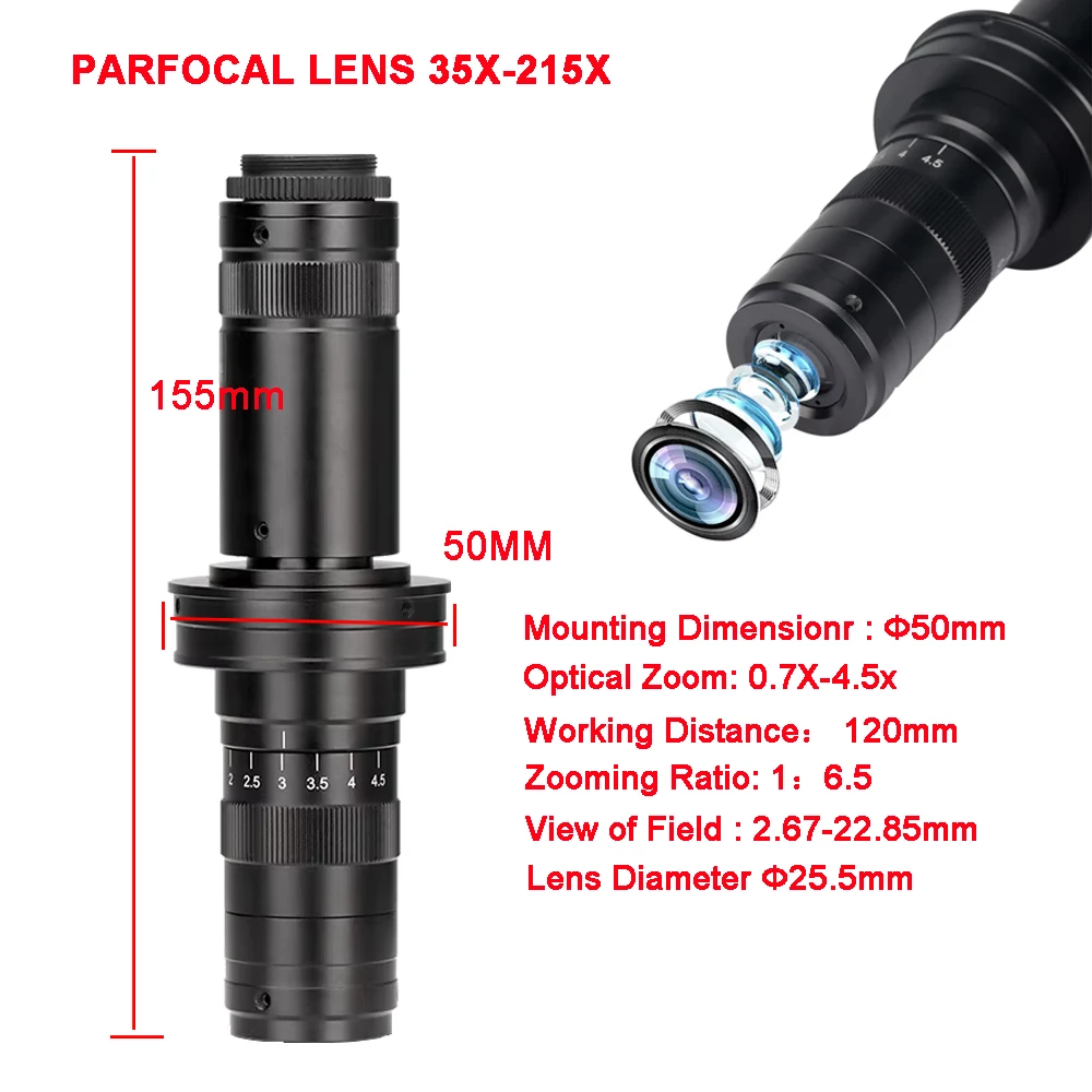 Adjustable Magnification 35X-215X Microscope Lens Dia 50mm 0.7X-4.5X Optical Zooms C-Mount Type Interface Confocal For Camera