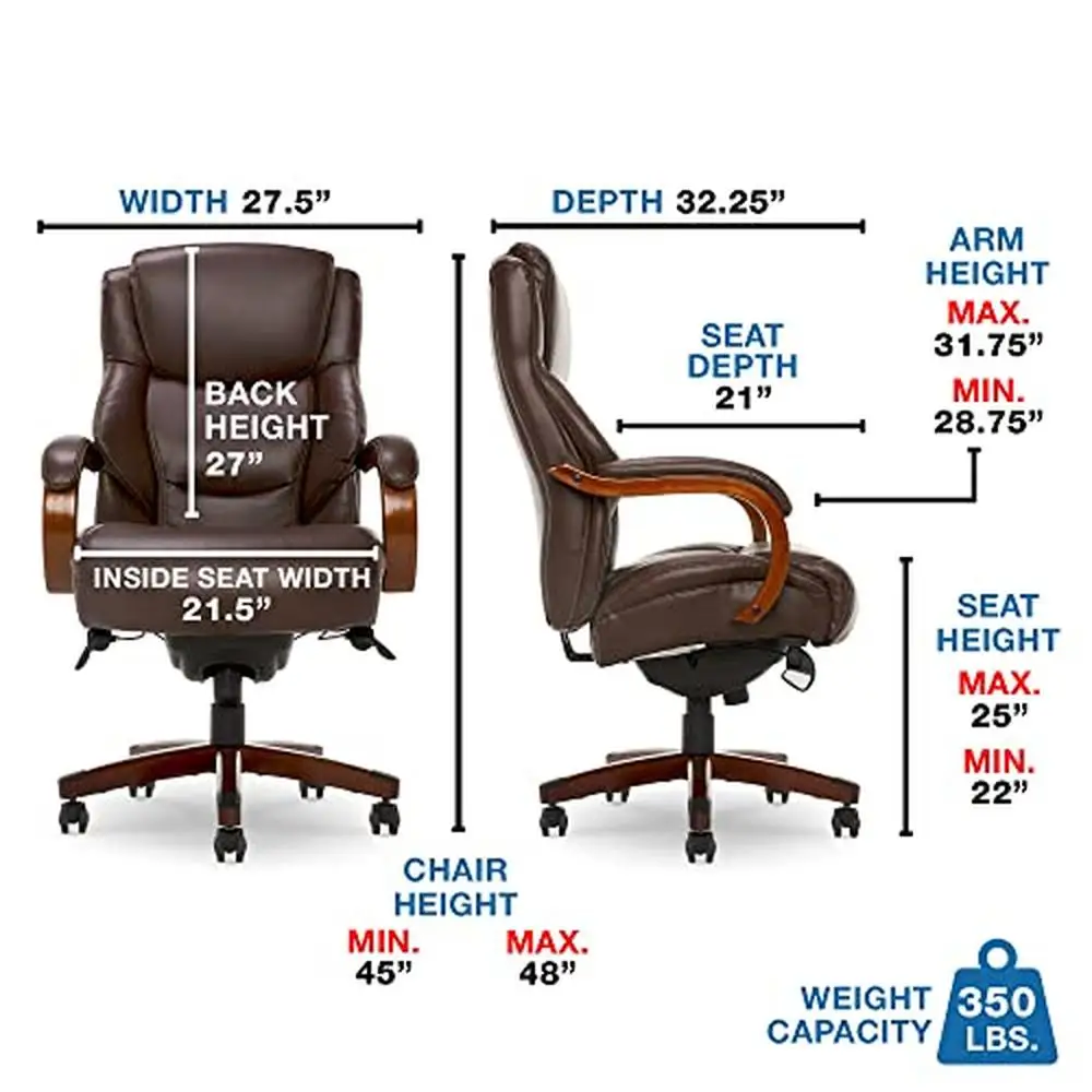 Executive Office Chair High Back Ergonomic Lumbar Support Memory Foam Brown Bonded Leather Big & Tall Design Wood Frame Sturdy &