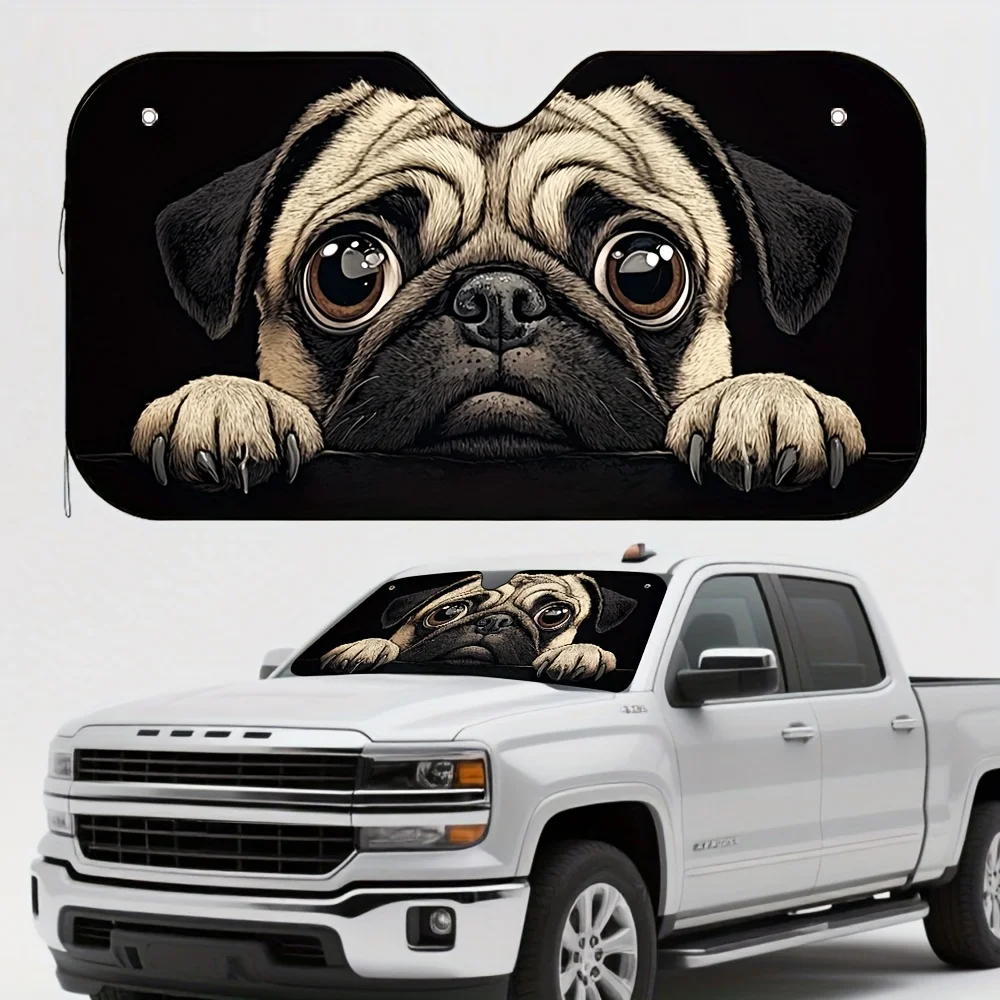 

1 шт. автомобильный солнцезащитный козырек с грустной маленькой собакой - милый дизайн мопса, защита от ультрафиолета и уменьшение тепла, 4 присоски, складная подходит для автомобилей, S
