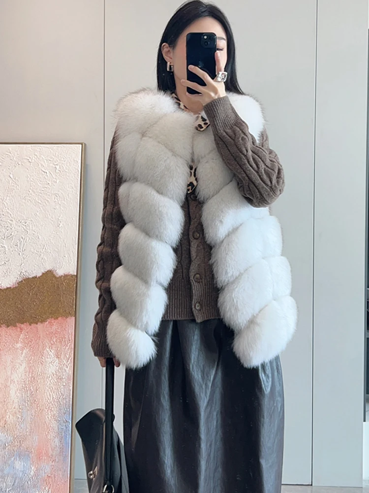 2025 New Autumn Winter Women's Natural Fox Fur Vest Thick Mid Length Real Fur Waistcoat Luxury Female Jacket