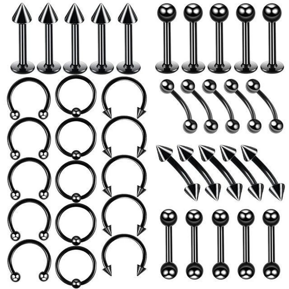 40/60PC Stainless Steel Nose Ring Tongue Bar Set Eyebrow Labret Piercing Set Horseshoe Ring Lot Women Pack Body Jewelry Gift