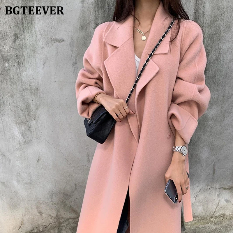 BGTEEVER Autumn Winter Thicken Warm Overcoats Women Elegant Double Breasted Loose Belted Female Woolen Coats