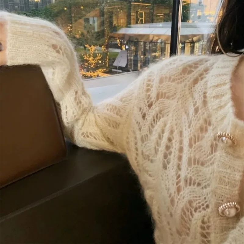 Vintage Elegant Female Cardigans Summer Long Sleeve Women Knitted Cardigan Spring Sweater 2023 Fashion Hollow Out Sweaters Tops