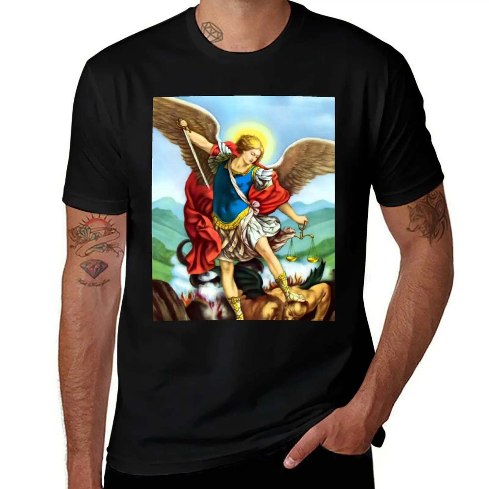 

St Michael the Archangel Angel Catholic Saint T-Shirt cotton man t-shirts funny costumes Louboutins Men's t shirts