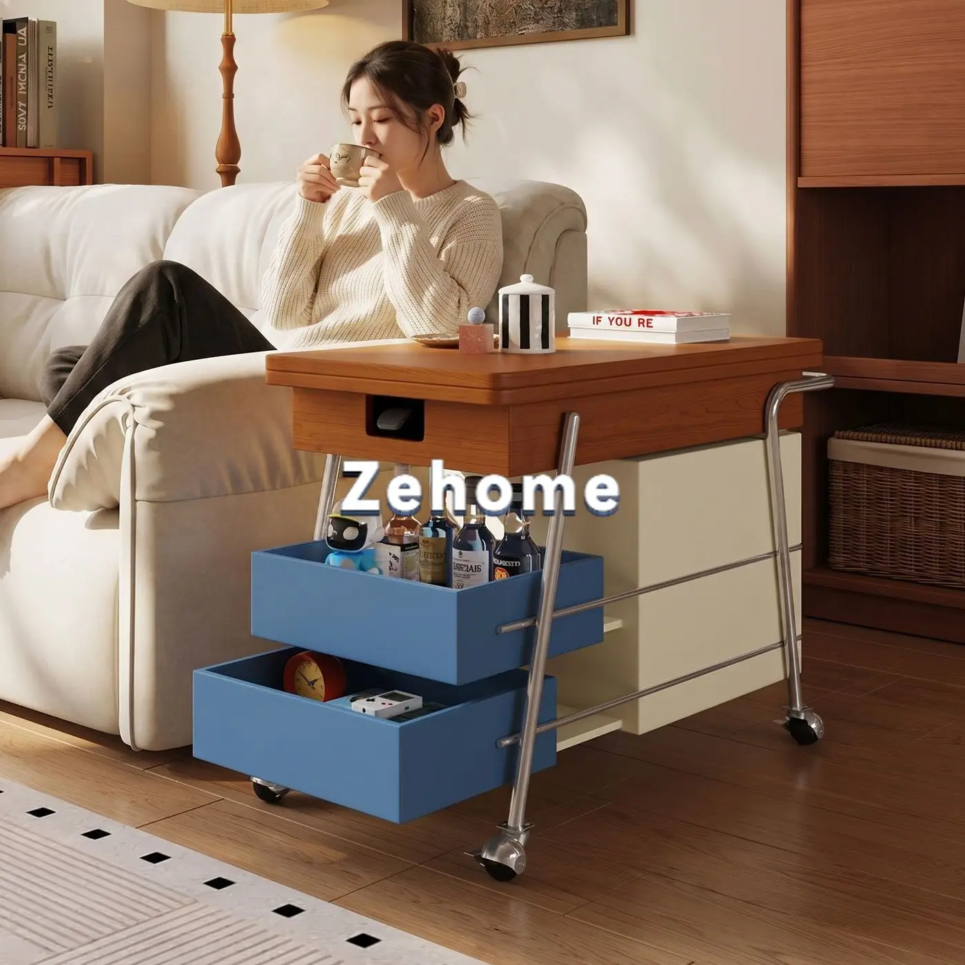 Solid wood movable coffee table foldable lifting sofa side cabinet living room Bauhaus new trolley sofa side table