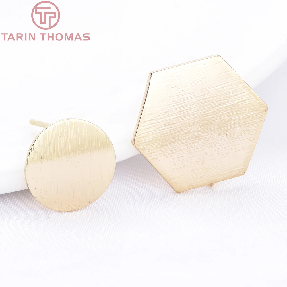 (10012) 10PCS 12MM 18.5MM 24K Gold Color Brass Hexagon Round Brushed Stud Earrings High Quality Diy Jewelry Making Findings