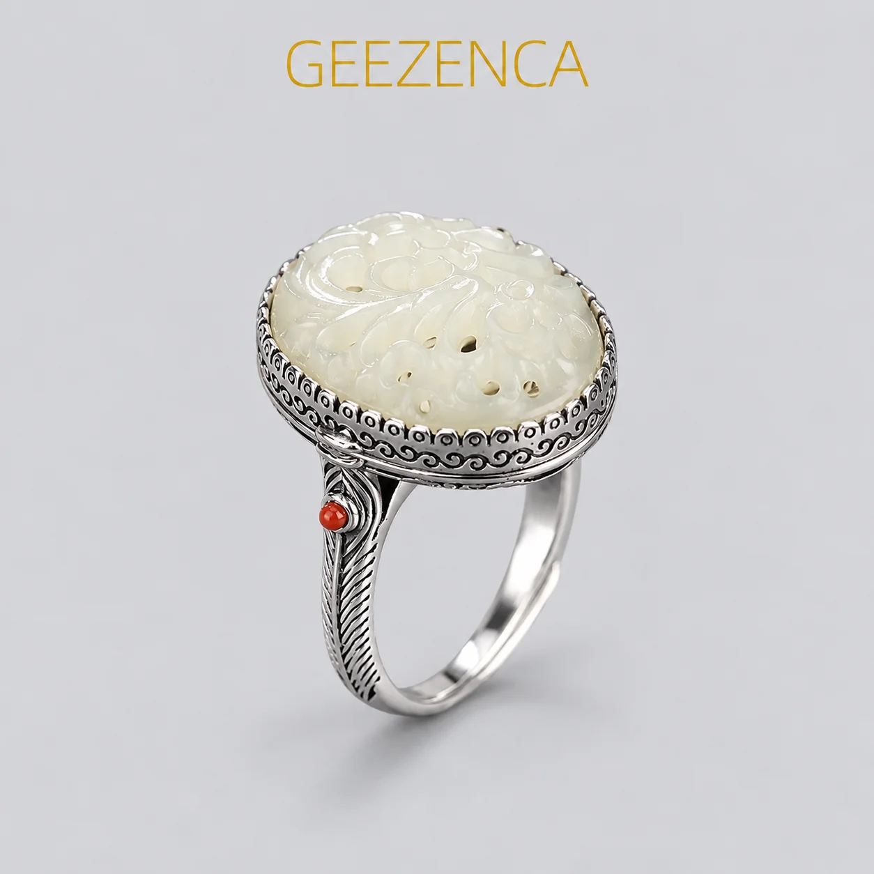 GEEZENCA 925 Sterling Silver Carved Jade Sizable Ring For Women Luxury Handmade Unusual Peony Flower Locket Openable Rings Gift