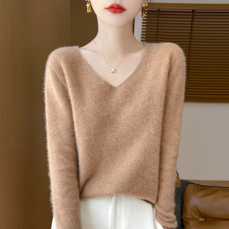 Autumn and winter new women\'s first-line ready-to-wear 100% pure wool V-neck solid color loose warm cashmere pullover top