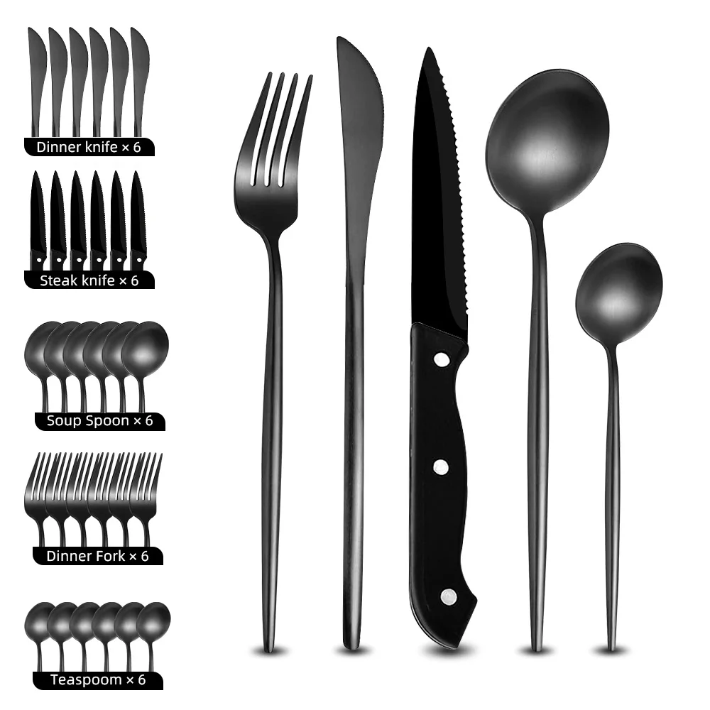 30PCS Dinnerware Stainless Steel Flatware Set Serrated Steak Knife Fork Spoon Teaspoon Cutlery Set Food Silverware Tableware Set