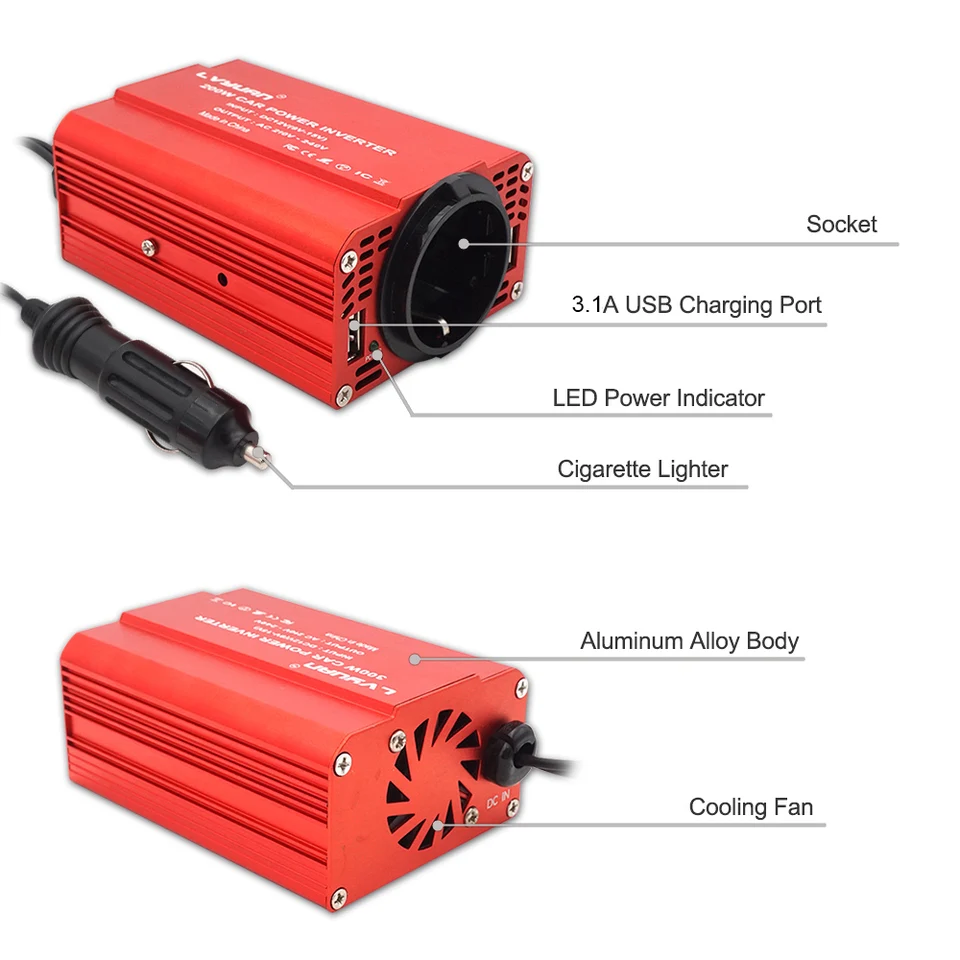 300w inverter cigarette lighter Hebron Car Power Portable 12V DC to 110V AC Charger C port (Max 27W) 12V To 110V 300W Car