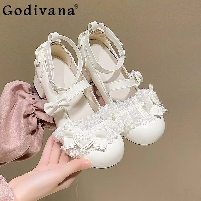 JK كعب منخفض الدانتيل جولة تو أحذية النساء القوس لوليتا عالية الكعب لوليتا أحذية لينة فتاة اليابانية تنوعا لطيف أحذية من الجلد