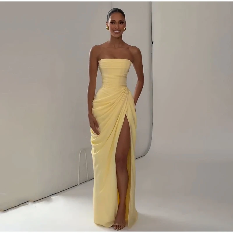 

Желтое платье макси без бретелек с разрезом RANGWU, женское элегантное плиссированное платье без рукавов с завышенной талией для вечеринок