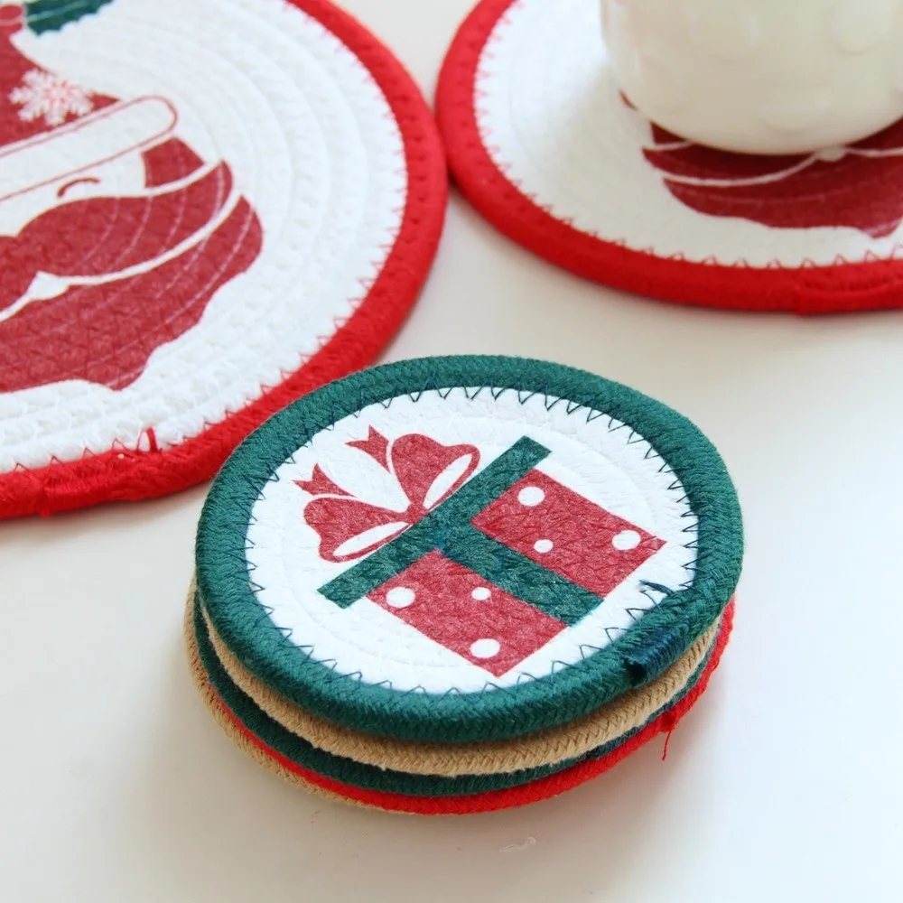 Santa Claus Trivet Christmas Cup Mat Woven Cotton Rope Heat Resistant Christmas Coaster Handmade Round Pot Table Mat Home Decor