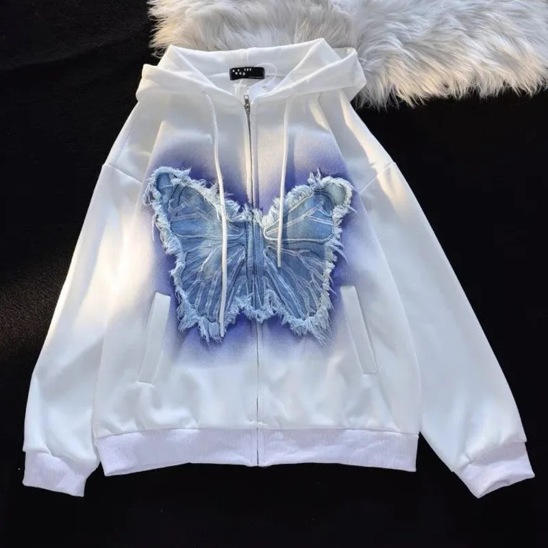 Vintage Denim Butterfly Embroidery Patchwork Tops Women Autumn Loose Long Sleeve Pullovers Y2k Street Hoodies Couple Sweatshirt