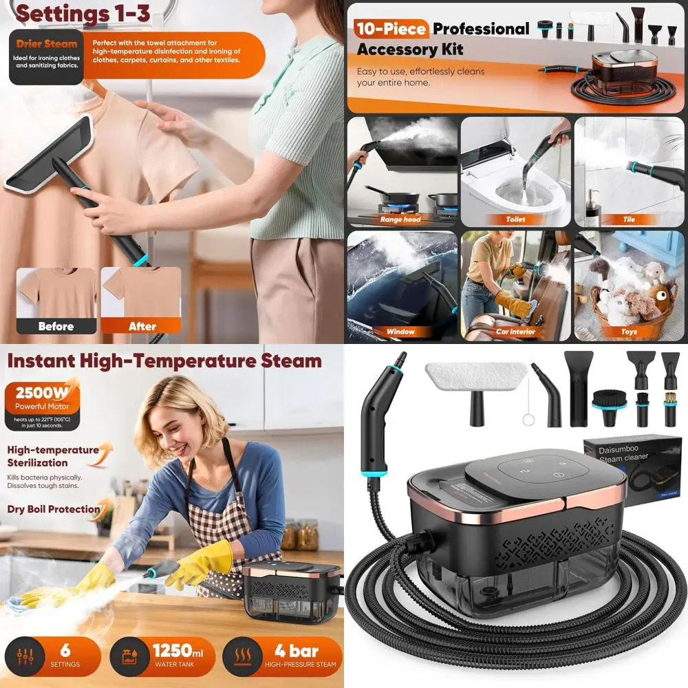 

Powerful 2500W Handheld Steam Cleaner with 1.32QT Tank and 10 Accessories for Home, Car, and More (Black/Gold)