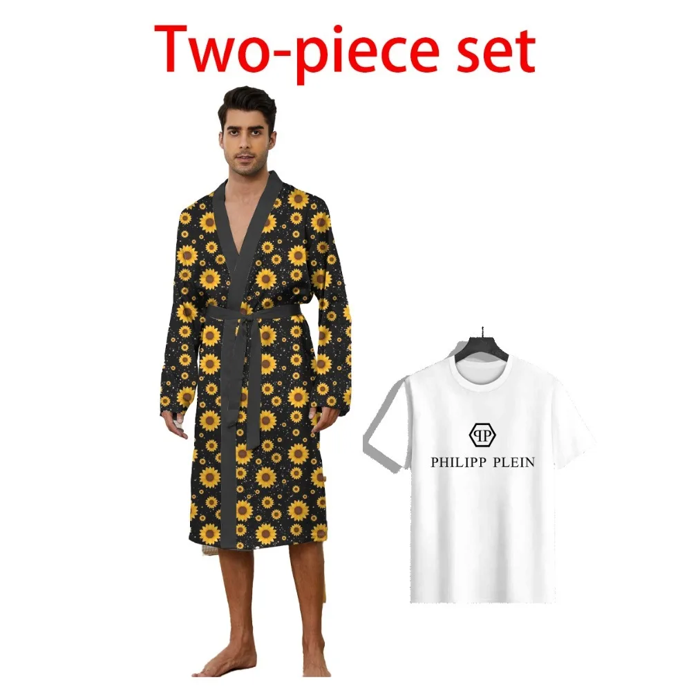 

New men's home leisure sunflower sunflower pajamas thin skin-friendly digital full-print bathrobe personalized pajamas top two-p