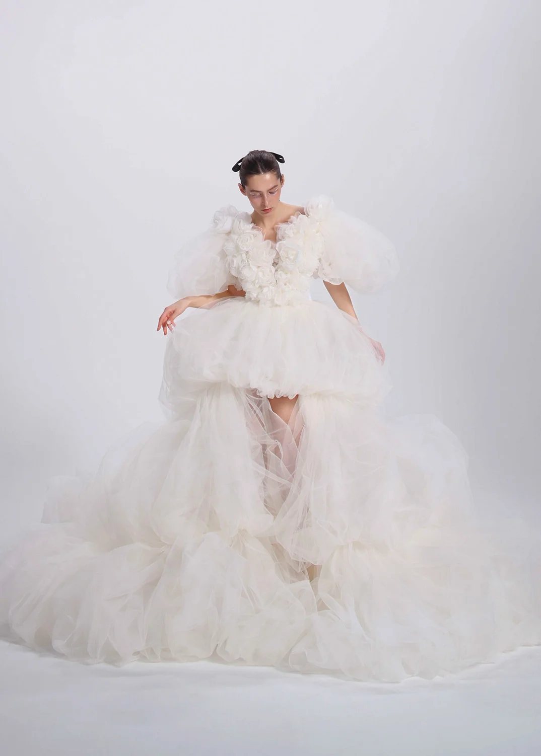 Fluffy Bridal Dresses with Sleeve Long Layered Prom Gowns Layered Ivory Customized Half Sleeves Prom Dress Tulle Asymmeteri