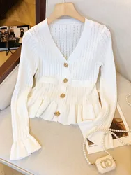 French Luxury V-neck Single-breasted Lotus Leaf Edge Hem Slim-fit Sweater New Fashion Elegant Knit Cardigan Small Fragrant Tops