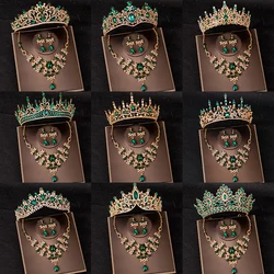 Fashion Gold Green Crystal Rhinestone Tiaras And Crown Necklace Set Wedding Hair Accessories Queen Princess Diadem Women Jewelry