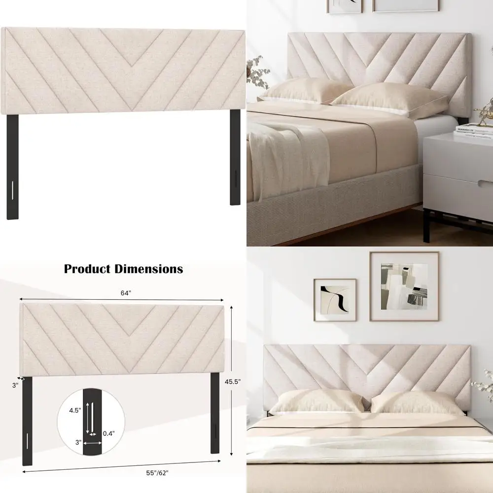 

Linen Fabric Upholstered Headboard Full/Queen Size Bed Rectangular Design with Solid Wood Legs Adjustable Width Comfortable Bedr