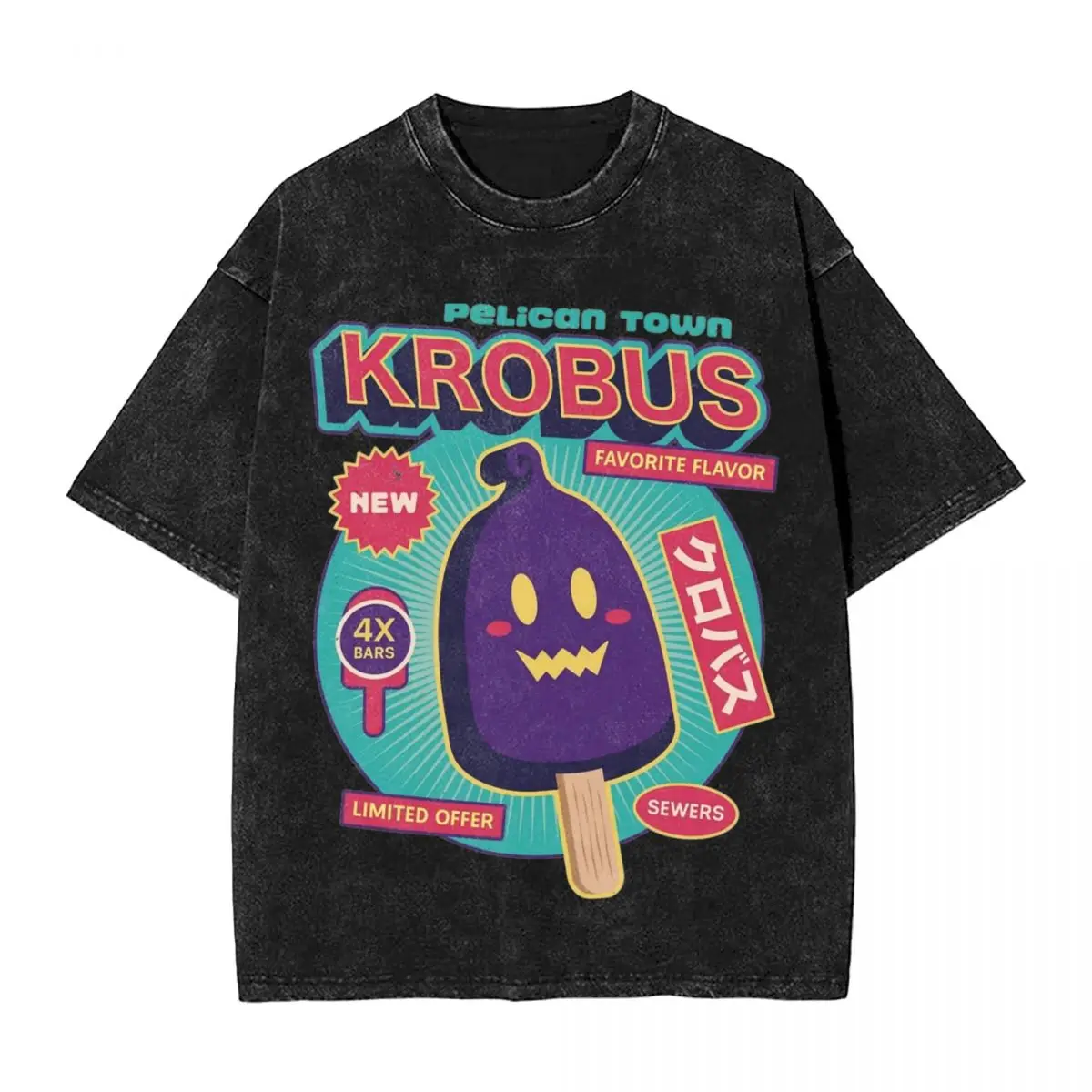 Krobus Ice Cream Stardew Valley Washed T Shirts Streetwear Hip Hop T-Shirts Game Anime Tees for Men Women Oversize Summer