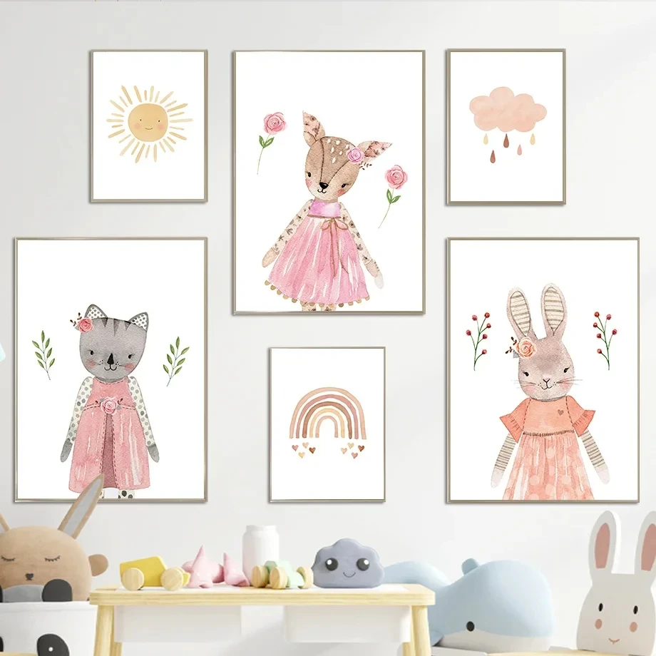 

Rabbit Cat Fox Sun Rainbow Cloud Nursery Wall Art Canvas Painting Nordic Posters And Prints Wall Pictures Baby Kids Room Decor