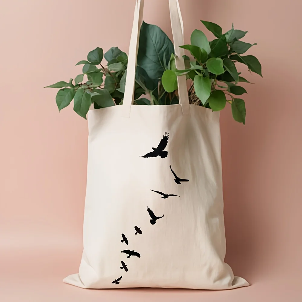 1pc Women' Flying Birds Silhouette Tote Bag - Leakproof Reusable Canvas Grocery Bag with Bird, Fabric for Beach Travel, Commutin