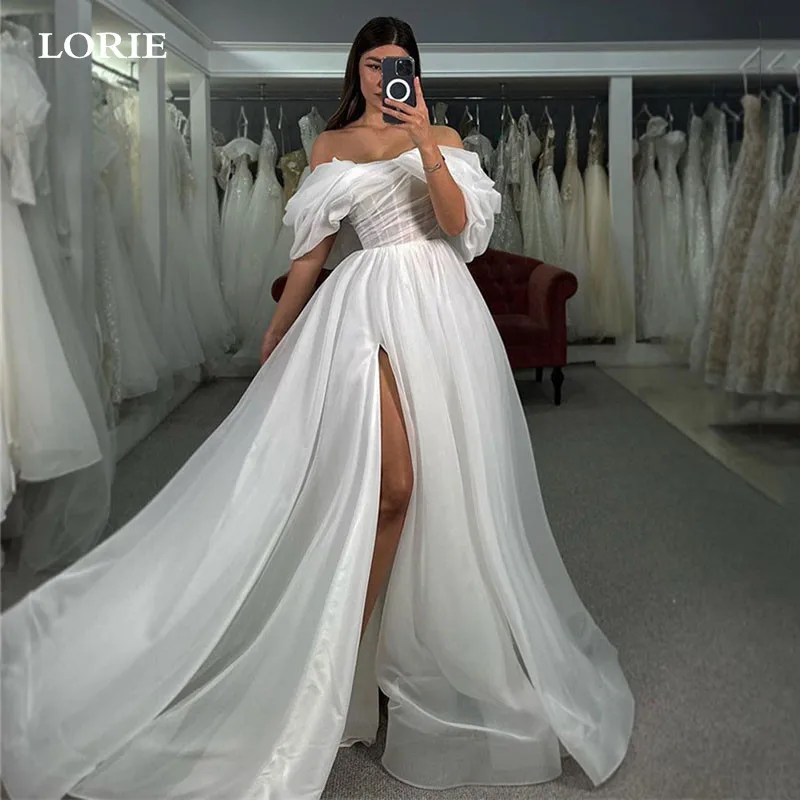 

LORIE Organza Wedding Dresses A Line Side Split Off The Shoulder Bridal Dress Modest Wedding Gowns 2023