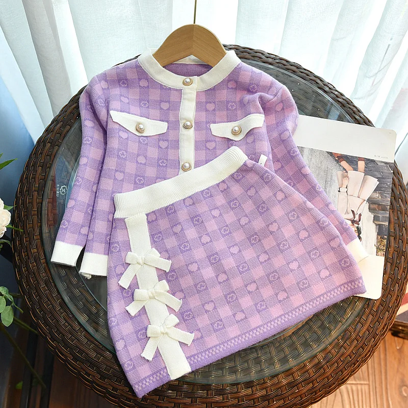 

Осень 2022, оригинальный Детский костюм, клетчатый Топ с длинным рукавом и юбка в Корейском стиле для девочек, Костюмы детской одежды